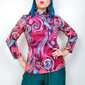 Vintage 60s Aladdin Magenta Swirly Printed Op-Art Blouse